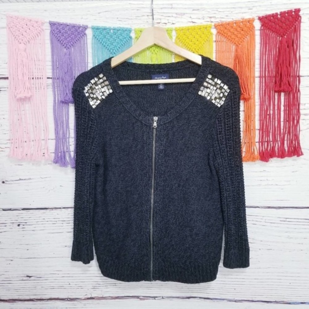 American Eagle Knit Bling Zip Up Cardigan Sweater